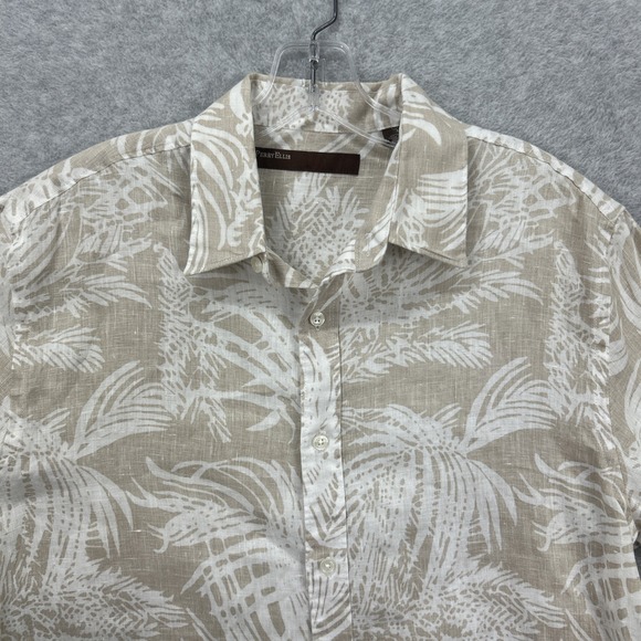 Perry Ellis Shirt Mens Medium Tan Floral Hawaiian Tropical Beach‎ Vacation Linen - Picture 2 of 6